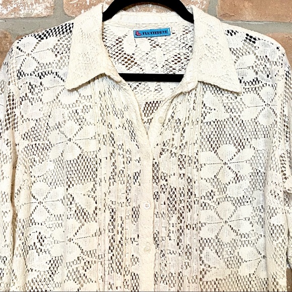 Flutterbye Crochet Button Up Collared Top - Sz Med - Picture 3 of 8